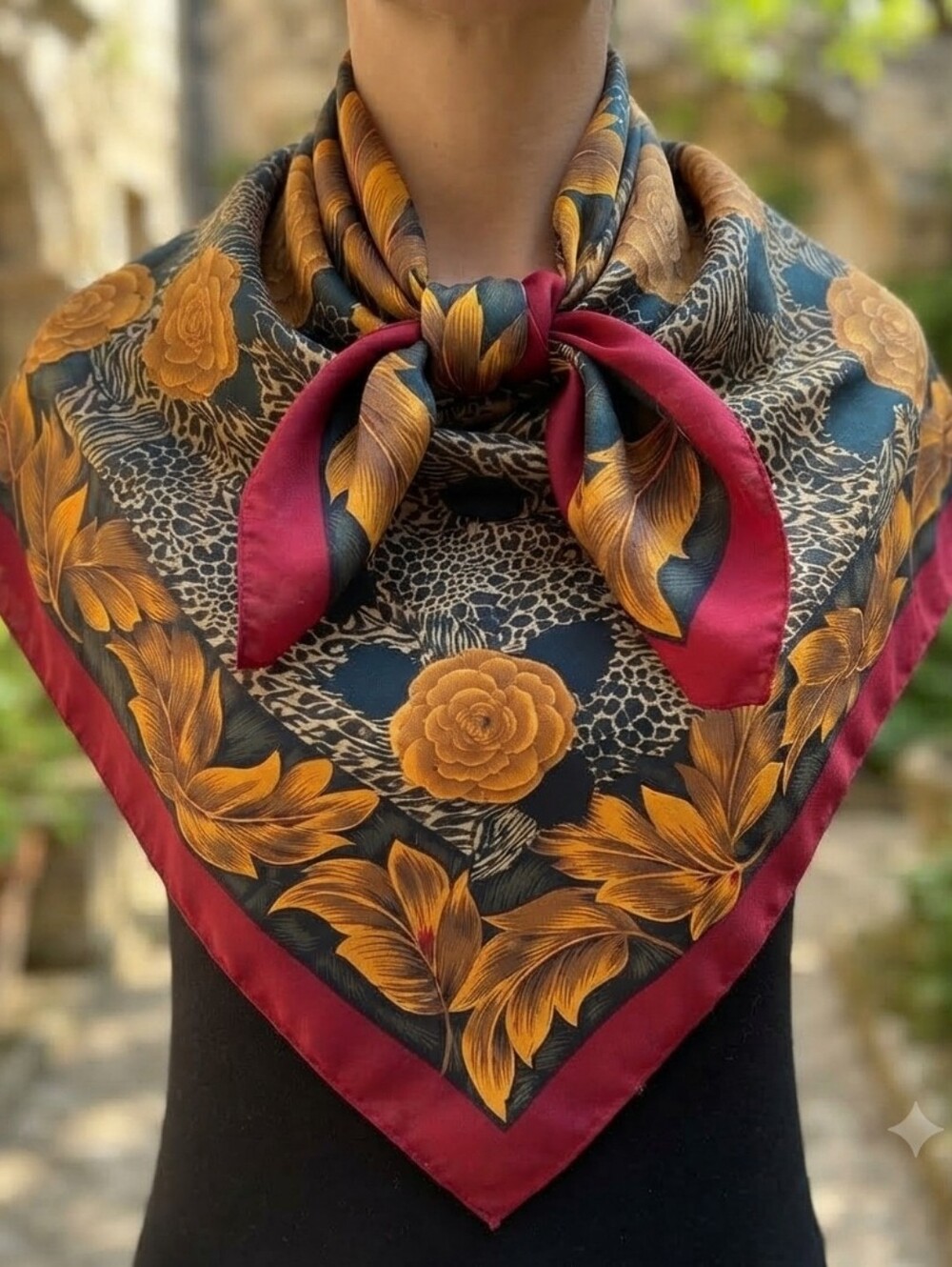 Large Vintage  Floral/animal  Print Scarf in Burgundy and Gold